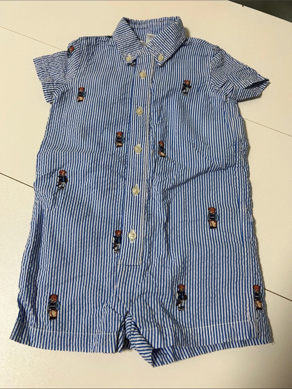 Ralph Lauren Blue and White Striped Baby jumper with Bear Embroidery